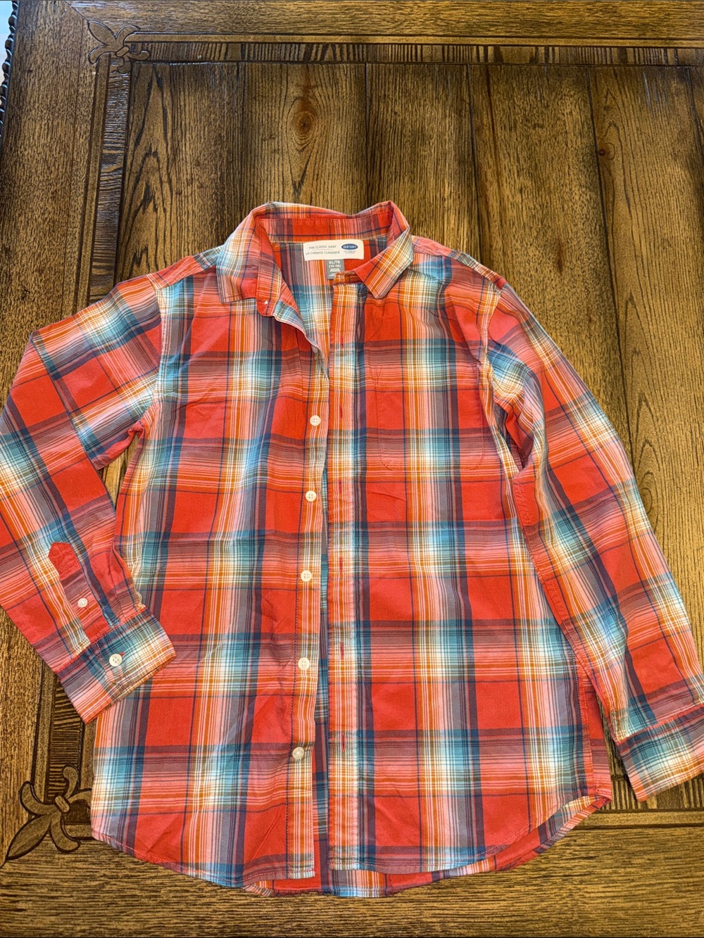 Old Navy Boys Red Plaid Button-Down Shirt with Blue Accents